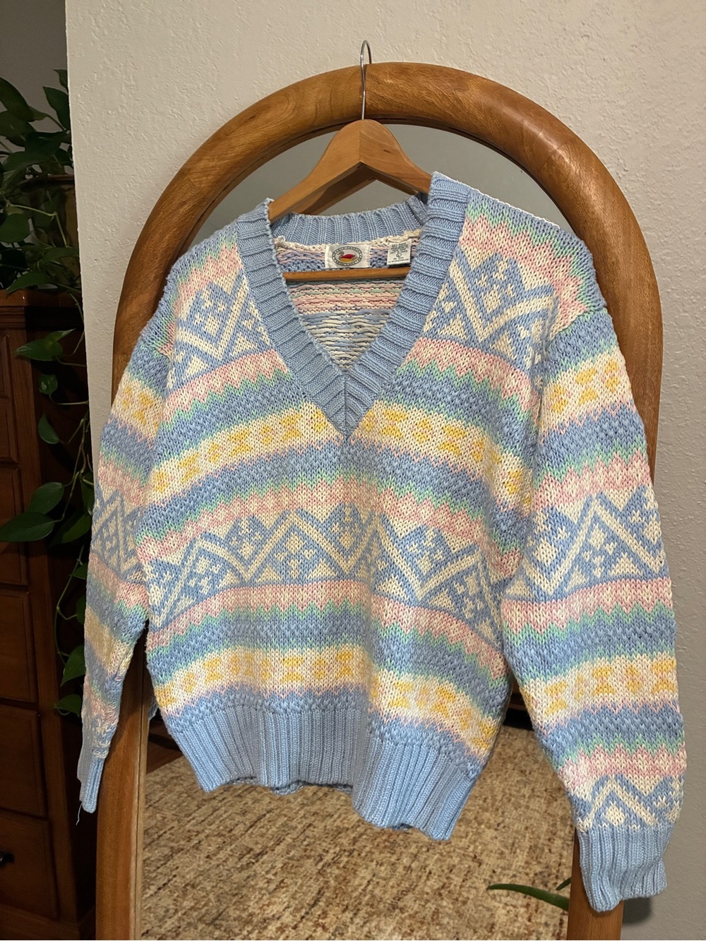 Marsh Landing Pastel Fair Isle V-Neck Sweater - Light Blue, Yellow, Pink